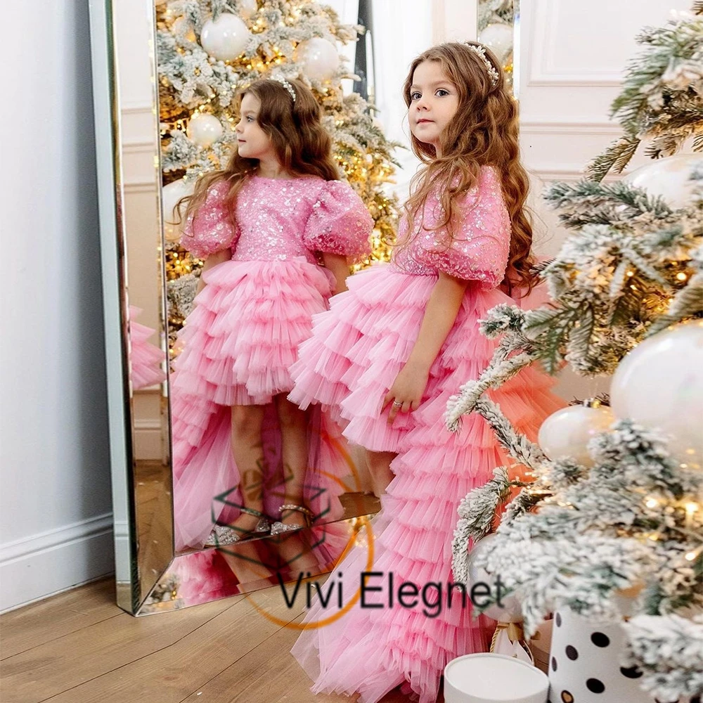 Vestido rosa de manga corta con lentejuelas para niña, vestido de invierno encantador de princesa para Navidad, 2023