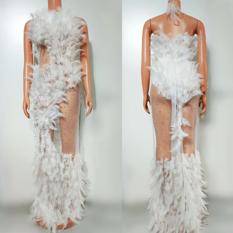 

Whilte Feather Rhinestones Dress Women Perspective Evening Party Dresses Bar Catwalk Outfit Nightclub Ds Dj Gogo Costume XS9095