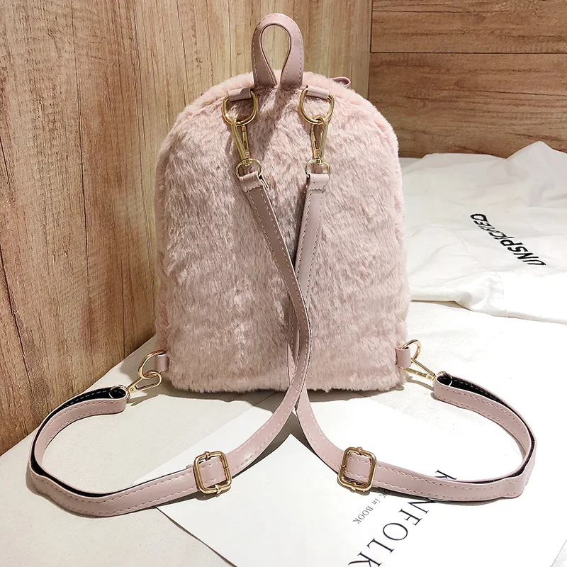 Cute Flannel Rabbit Backpack Women Small Soft Faux Fur Daypack Teenage Girls Kawaii Rucksack Easter Gift Bunny Ears Bag XA566H