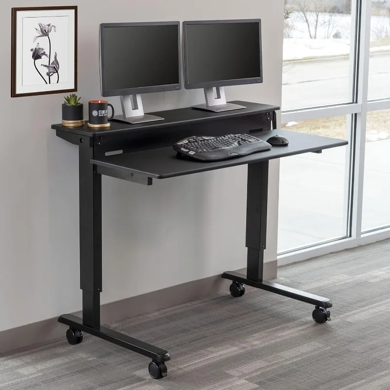 Crank Adjustable Two Tier Standing Desk with Heavy Duty Steel Frame (Black Frame/Black Top, 48