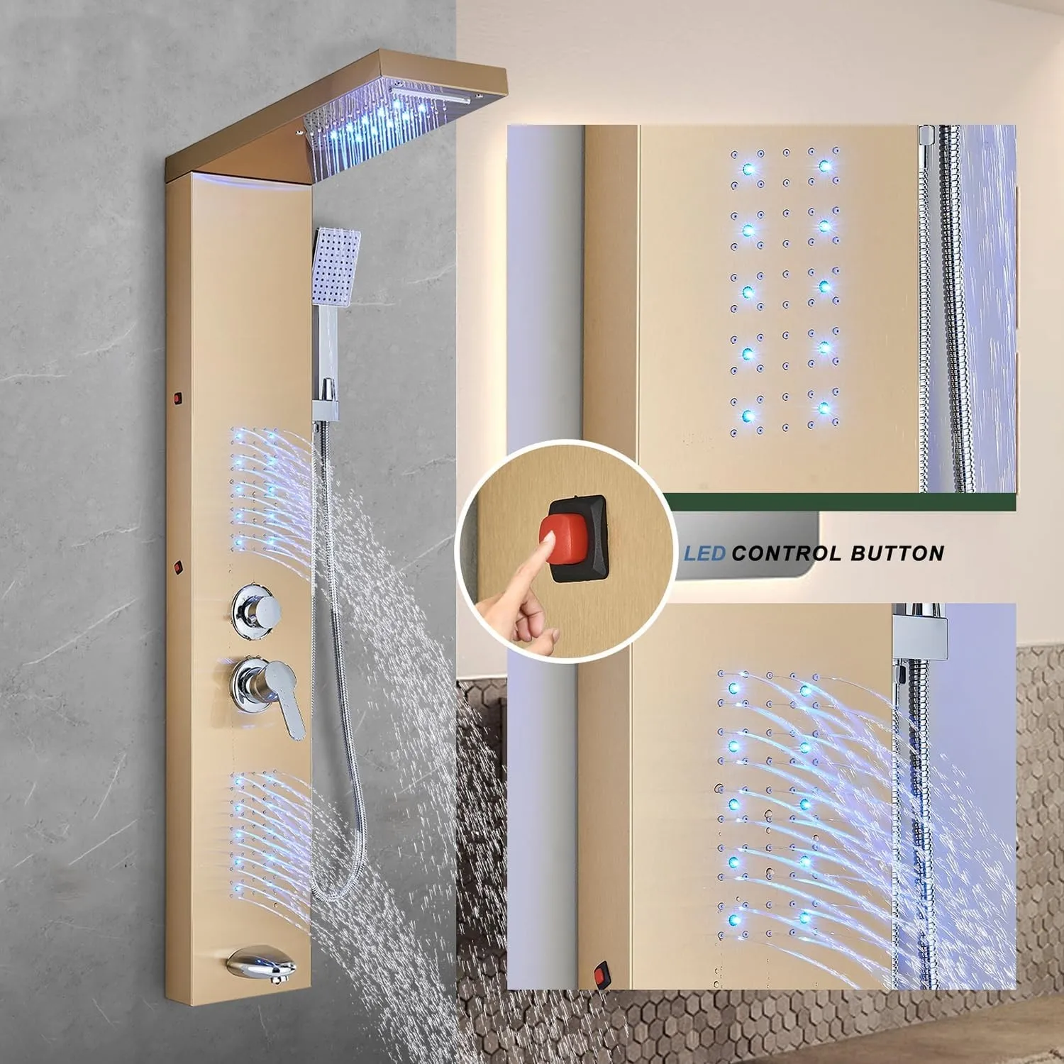 Brushed Gold LED Shower Panel Tower System 5 Mode High Pressure Body Massage Jet