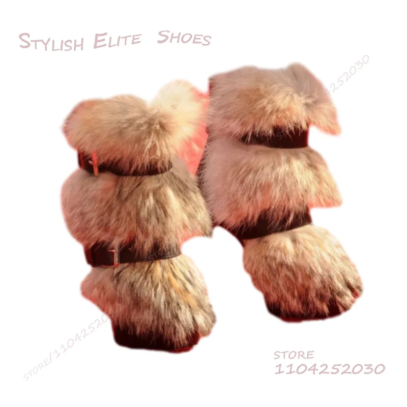 Long Light Fringe Plush Black Leather Boots Women Red Heels Brown Zipper Buckle Booties Round Low Stiletto Heel Platform Shoes