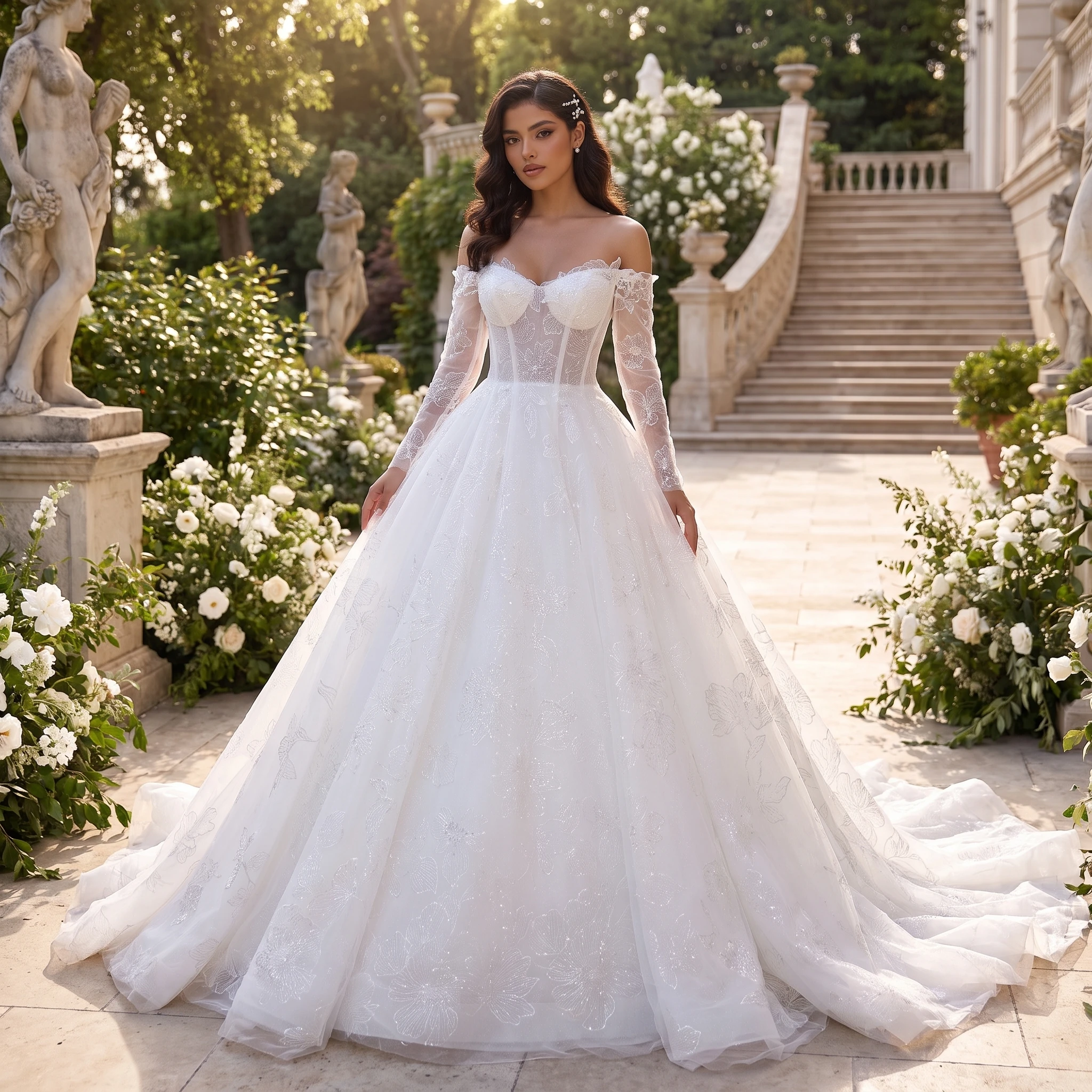 Customized A-Line Wedding Dresses Off the Shoulder Lace Up Princess Scoop Bridal Gown vestido de novia Court Train