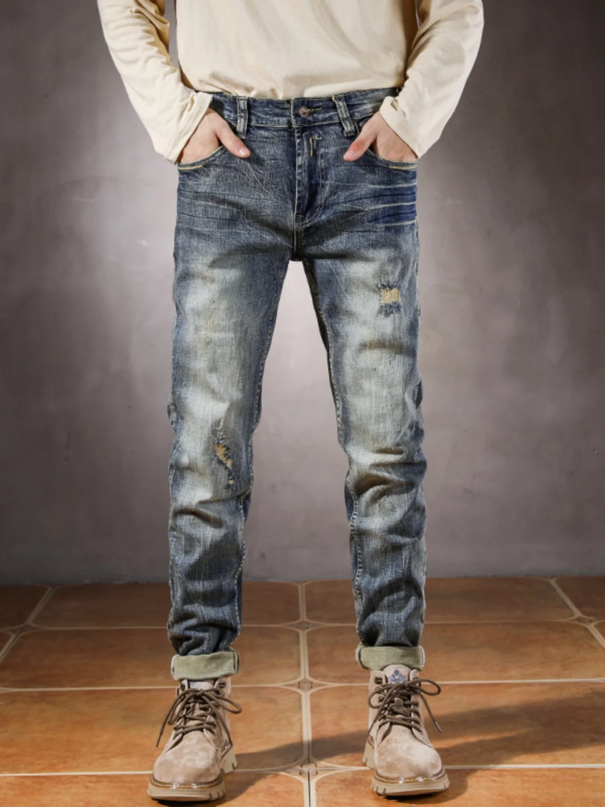 

Retro Hole Denim Jeans Men's Trendy Brand Korean Version Fashionable Slim Fit Long Pants Autumn Casual Cotton Stretch Denim