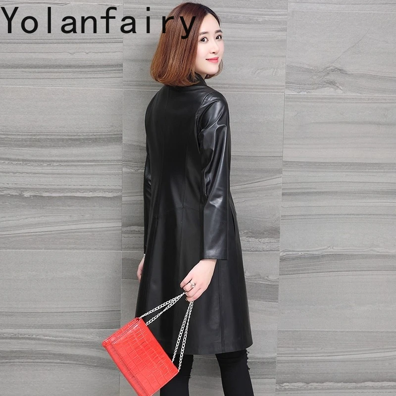 YOLANFAIRY High Quality Real Sheepskin Leather Tench Coat Woman Spring Autumn Mid-length Genuine Leather Jacket Women Slim-fit
