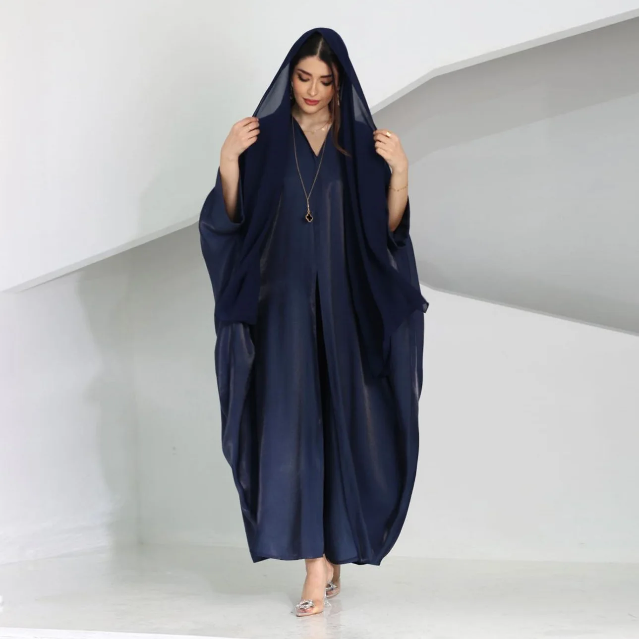 Kadınlar için Kimono Longs Abayas Femme rahat gevşek açık Abaya Batwing kollu saten elbise Kaftan Islam boy Abaya kadınlar için