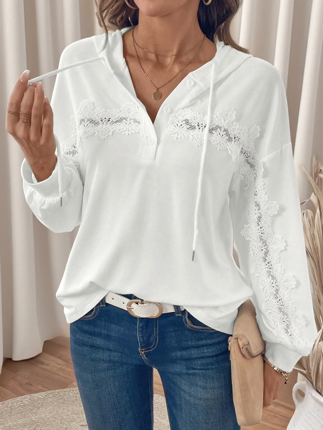 المرأة 2025 الخريف البلوز الخريف جديد الدانتيل الربط هوديس بلون مزاجه عادية تنوعا رقيقة هوديي الخريف #6