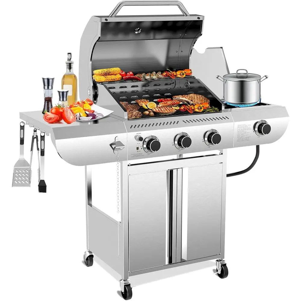 

Portable 3-Burner Stainless Steel Propane Grill with Side Burner, 34,000 BTU, Ideal for Outdoor BBQs and Camping