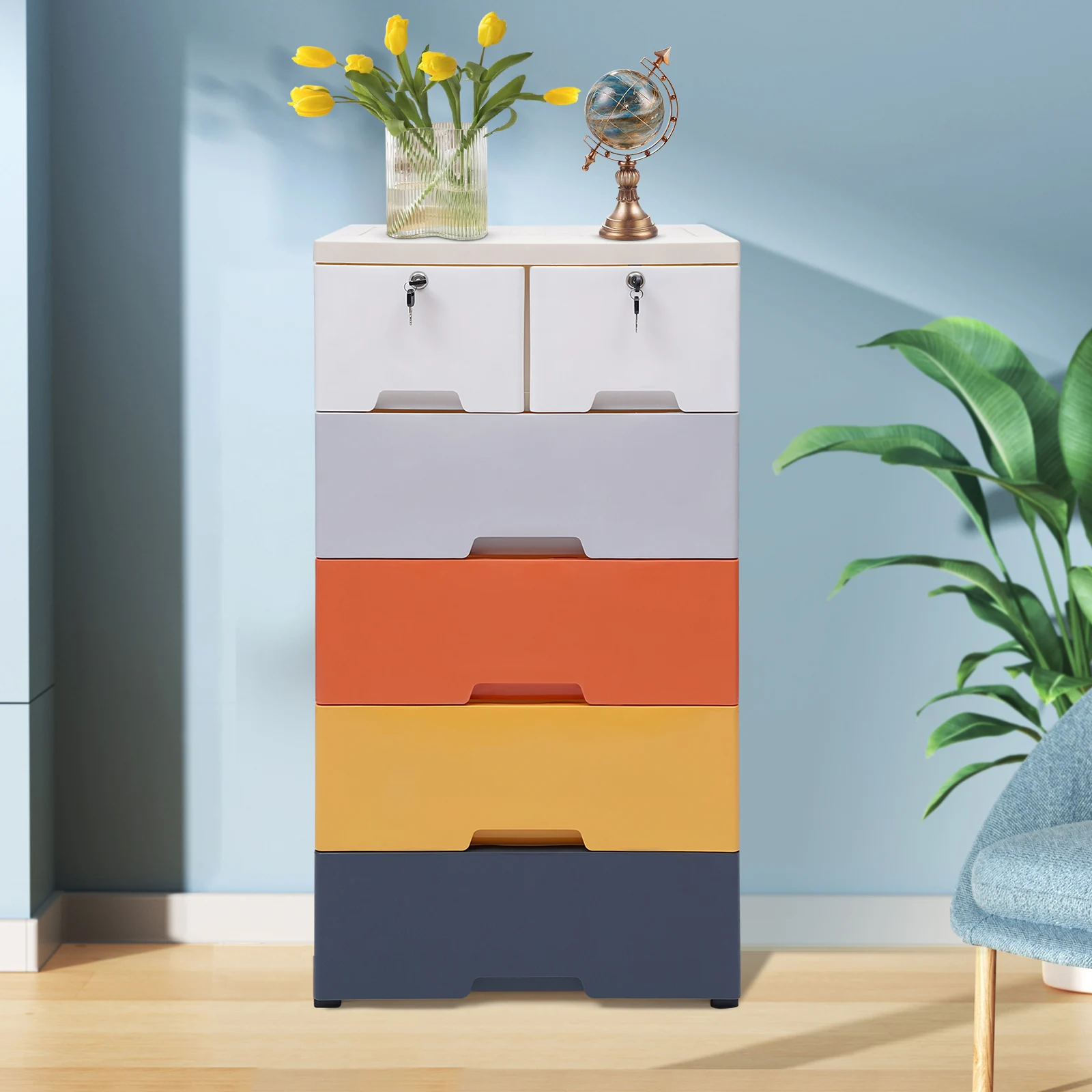 

Storage Cabinet 6 Drawers White Gray Orange Yellow Dark Blue PP Modern Rectangular 30kg Load 5 Layers