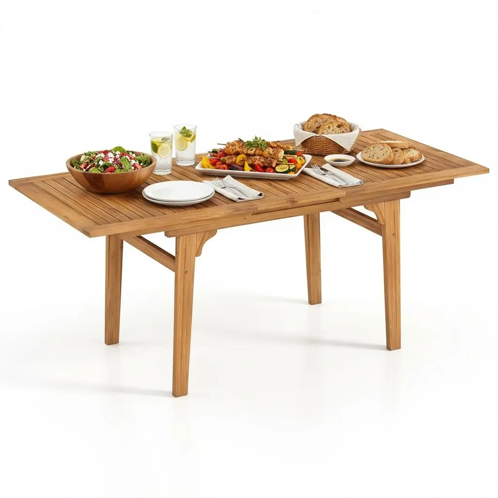 55-71 Acacia Wood Extendable Patio Dining Table for 6-8 People, Large Expandable Outdoor Slatted Table, Rectangular