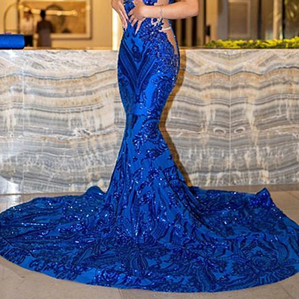 MisShow Elegant Evening Dresses For Women Mermaid Royal Blue Sparkly Lace Sequined Prom Party Gown Maxi Dressing Robe De Soiree