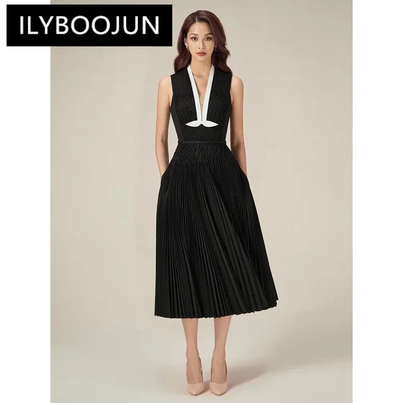 ILYBOOJUN Women\'s Fashion Dress V-neck Sleeveless Pleated Pearl Denim High Waist Female Elegant Dresses Summer 2024 New