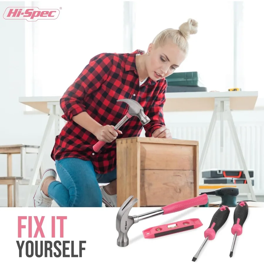 HiSpec 42pc Pink Household DIY Tool Set for Women: Essential Starter Toolkit for Home Office and College Dorm Use with Compact