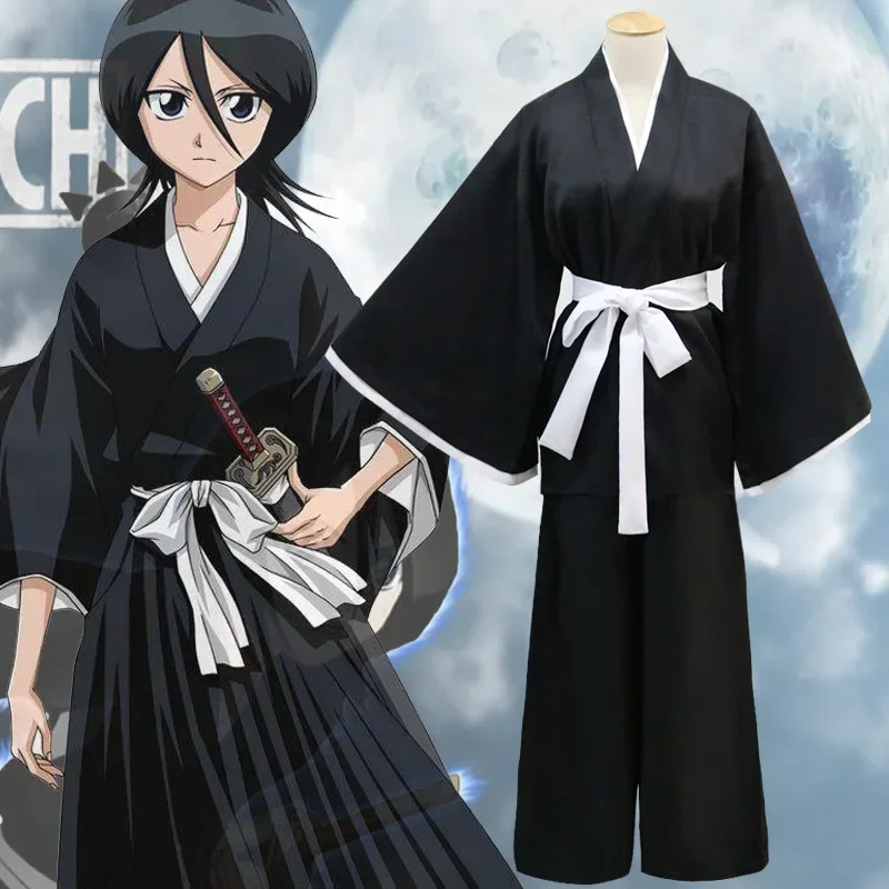 Anime Kuchiki Rukia Cosplay Shinigami Death Kimono Soul Reaper pełny kostium na Halloween (topsy + spodnie + szarfa)