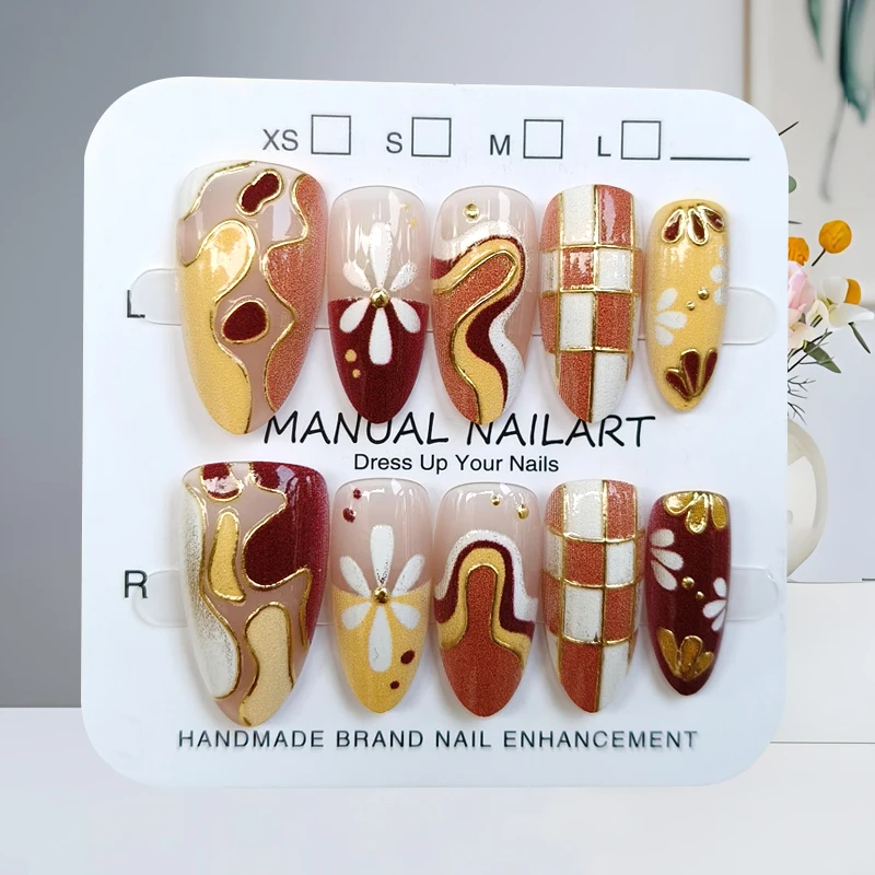 10 stuks Franse stijl mode kersenkus korte amandel druk op nagels trend chic luipaardprint vergulde nagelpatch cat eye valse nagel