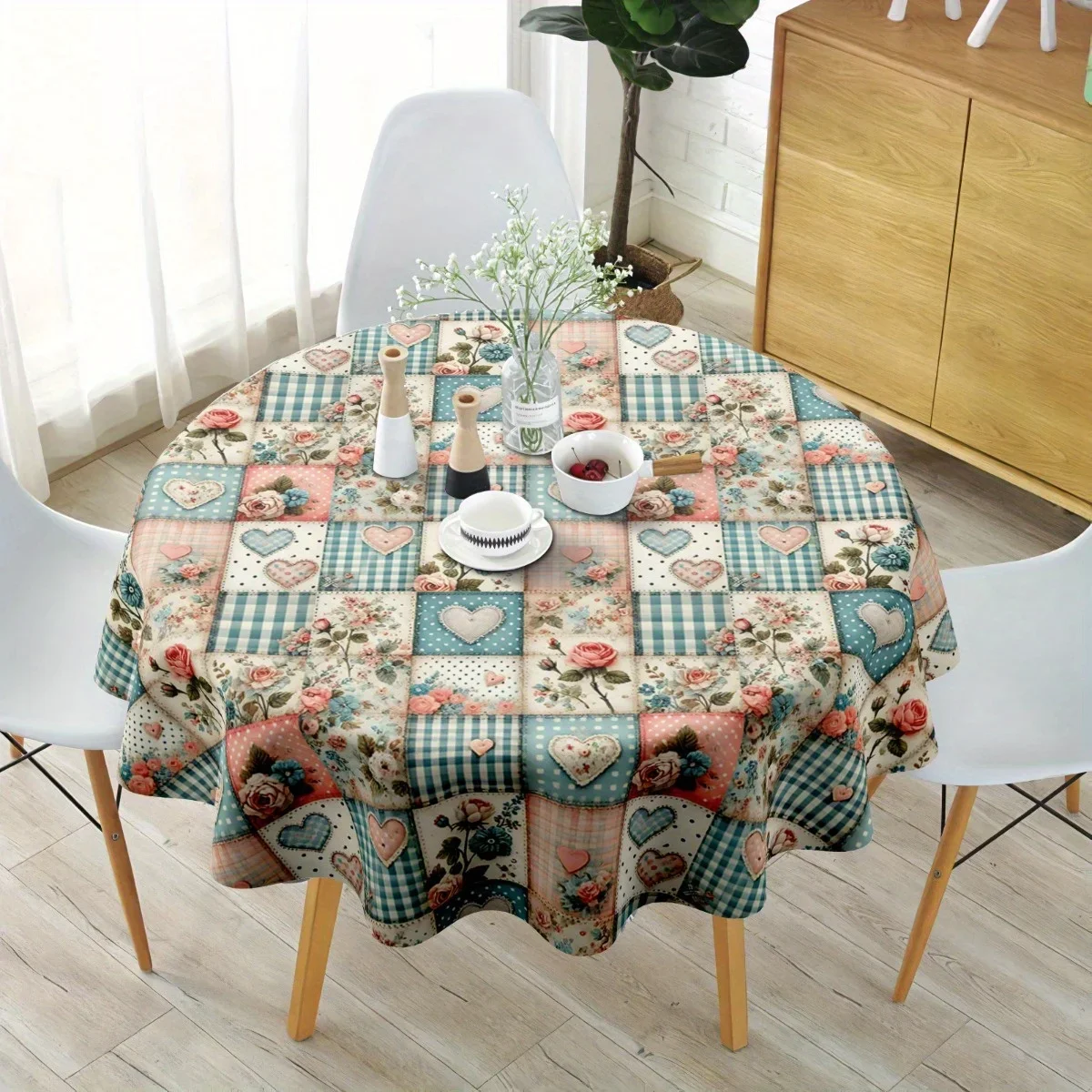 One piece, woven polyester tablecloth - blue/green/pink/white circular floral and checkered blend designxzj