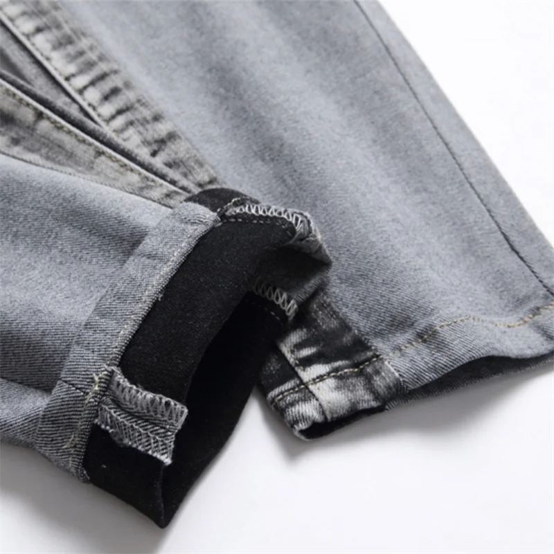 Jeans Desain Gesper Sabuk Ganda Musim Panas Panel Kotak-kotak Pria Bahan Katun Ramping Elastis Warna Abu-abu Gradien Saku Depan Multi Belakang Musiman 23