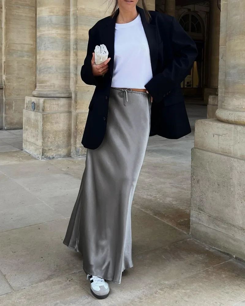 2026 Spring Summer Solid Color Satin Long Skirt For Women High Waist Lace-Up Fashion Elegant Faldas Light Luxury Women's Skirt