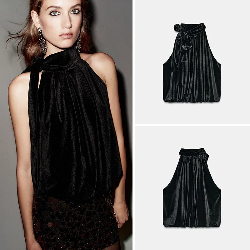 وصل حديثًا بالون مخملي للنساء Sve توب مع تصميم عقدة لخريف 2025 للسيدات لون ناعم عصري Sle #1