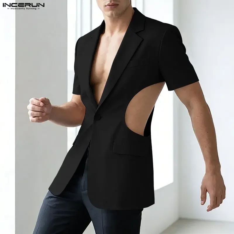 

Мужской пиджак INCERUN: однотонный, с отложным воротником, длинным рукавом, на одной пуговице, для уличного стиля, с вырезами, 2026, свободный крой, модный повседневный мужской блейзер