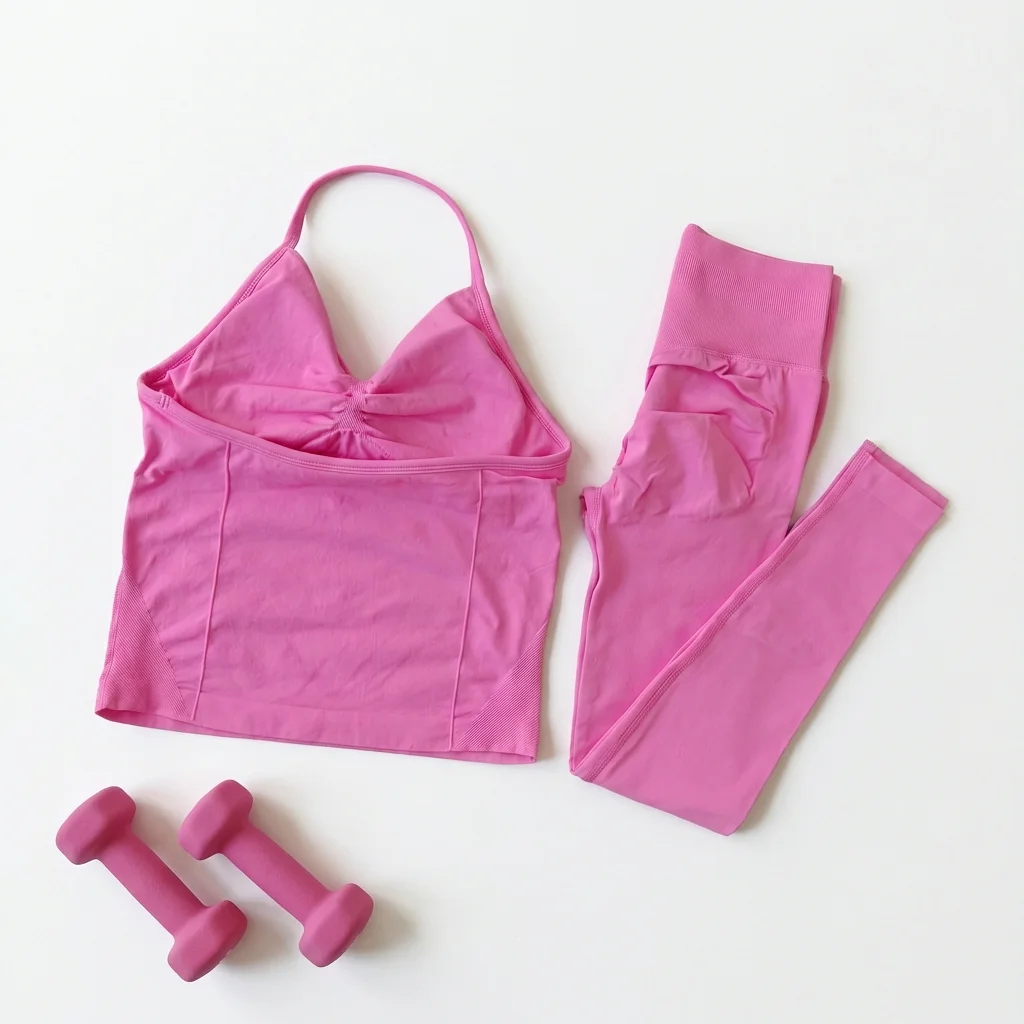 2-teiliges Yoga-Set für Damen: Rückenfreies Neckholder-Top, Hochgeschnittene Nahtlose Shorts, Fitness-Sportbekleidung, Workout-Set – Detail 4