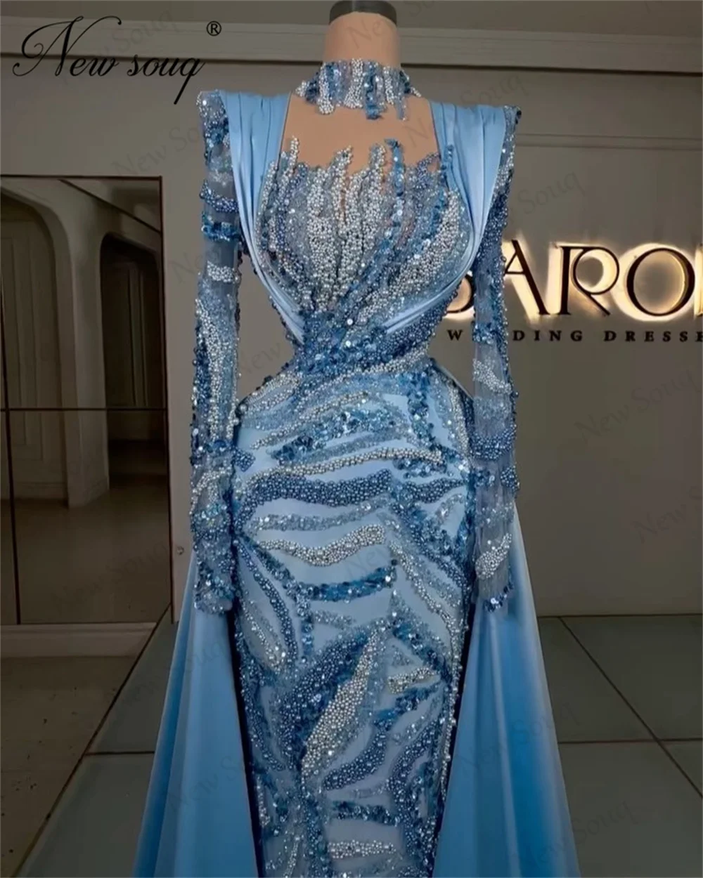 Blue Beading Mermaid Evening Dresses Elegant Crystals Long Sleeves Prom Dress Arabic Dubai Women Wedding Party Gowns Robes 2024