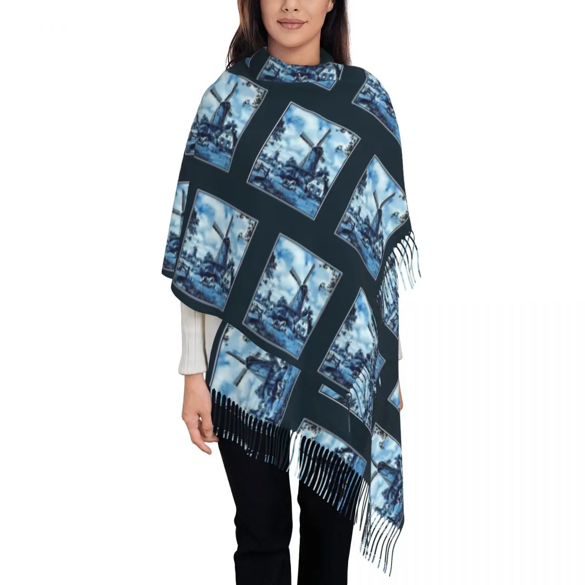 

Custom Printed Dutch Blue Delft Vintage Windmills Farm Print Scarf Men Women Winter Warm Scarves Landscape Shawls Wraps