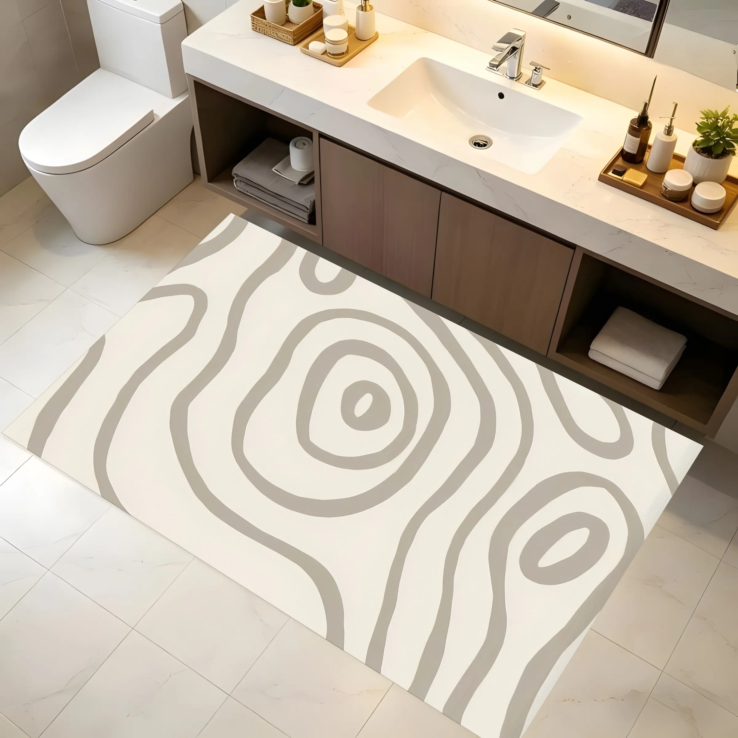2D Large Rug, Milky Coffee Tree Ring Line Pattern, Minimalist Cream Style, Living Room & Bedroom