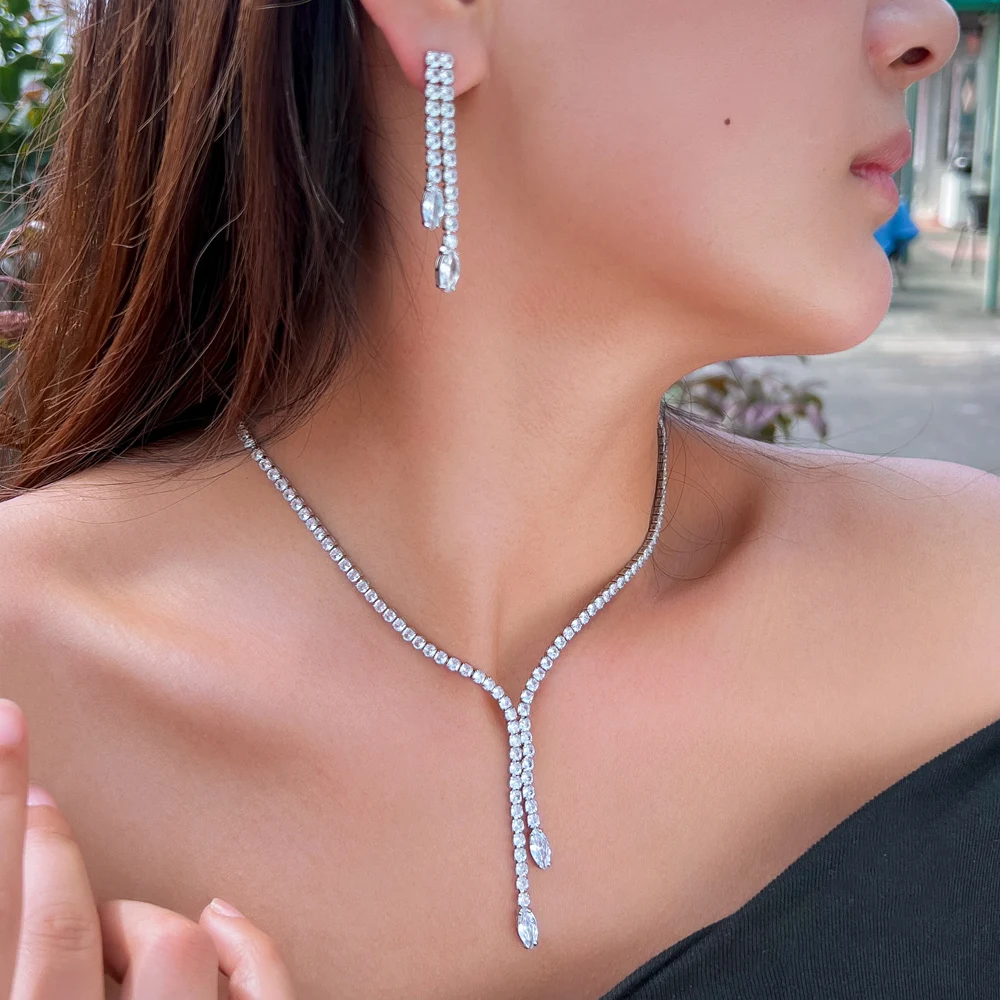 CWWZircons Bling Tassel Drop Cubic Zirconia Paved Women Party Wedding Jewelry Sets Fashion Bridal Necklace and Earrings T625