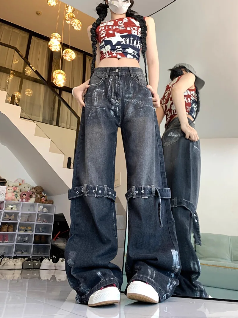 

American Vintage High Street Straps Design Women Pants Y2k Aesthetic Baggy Wide Leg Trousers Harajuku Grunge Punk Stright Pant