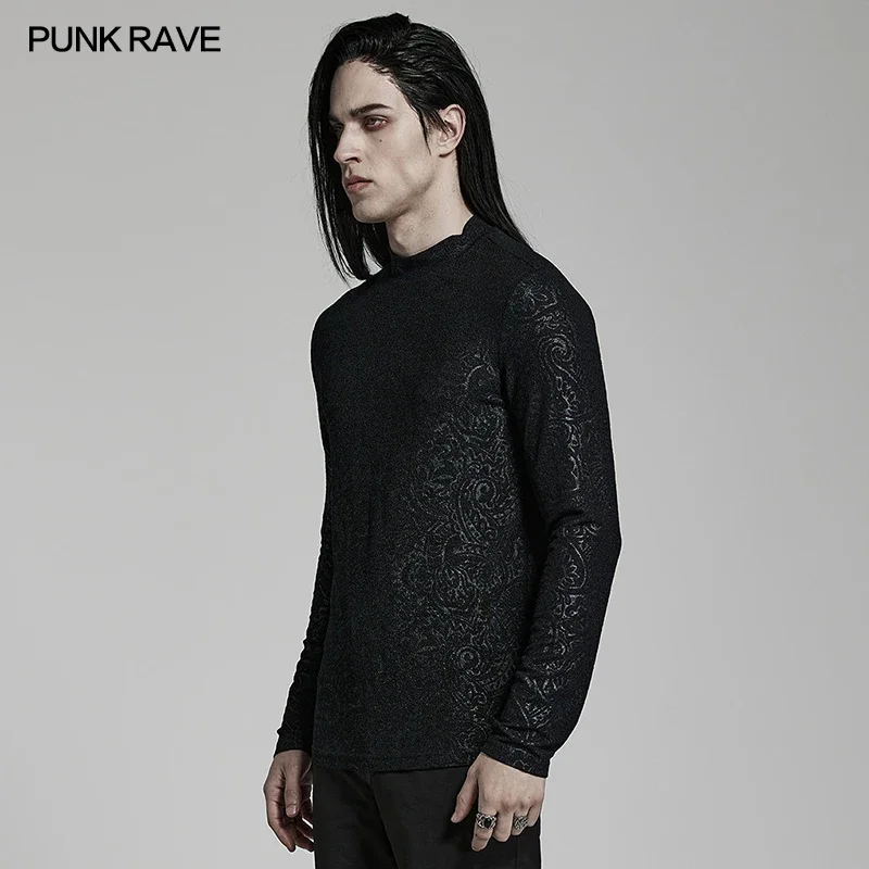 PUNK RAVE Men\'s Gothic Daily Turtlenecks Simple Printed T-shirt Punk Handsome Cool Long Sleeve Tops Spring Autumn