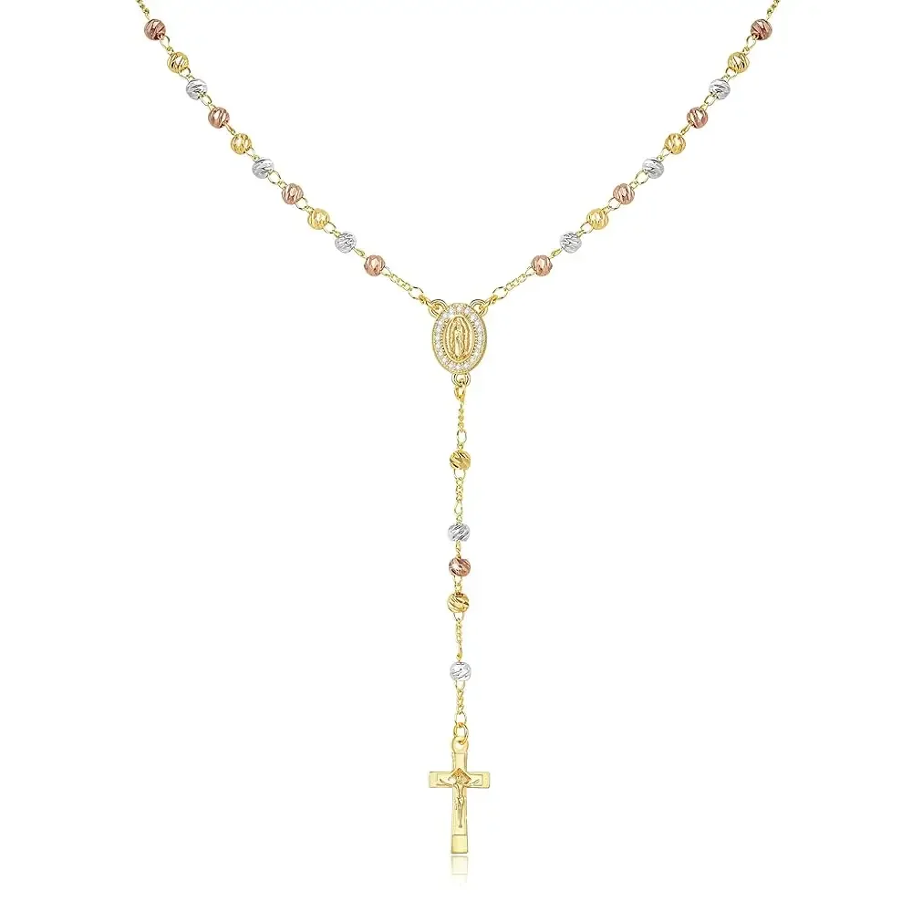 Collar de Rosario con Cruz de la Virgen María para Mujer, Virgen de Guadalupe, Rosario Chapado en Oro, Collar con Cruz Católica y Cuentas, Crucifijo