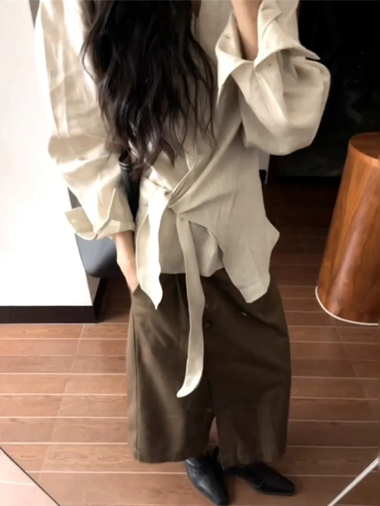 Loose Fit Linnen irt Dames Faion Koreaanse Sle Belted Taille Speciaal ontwerp Casual Comfortabel gevoel Herfsttop