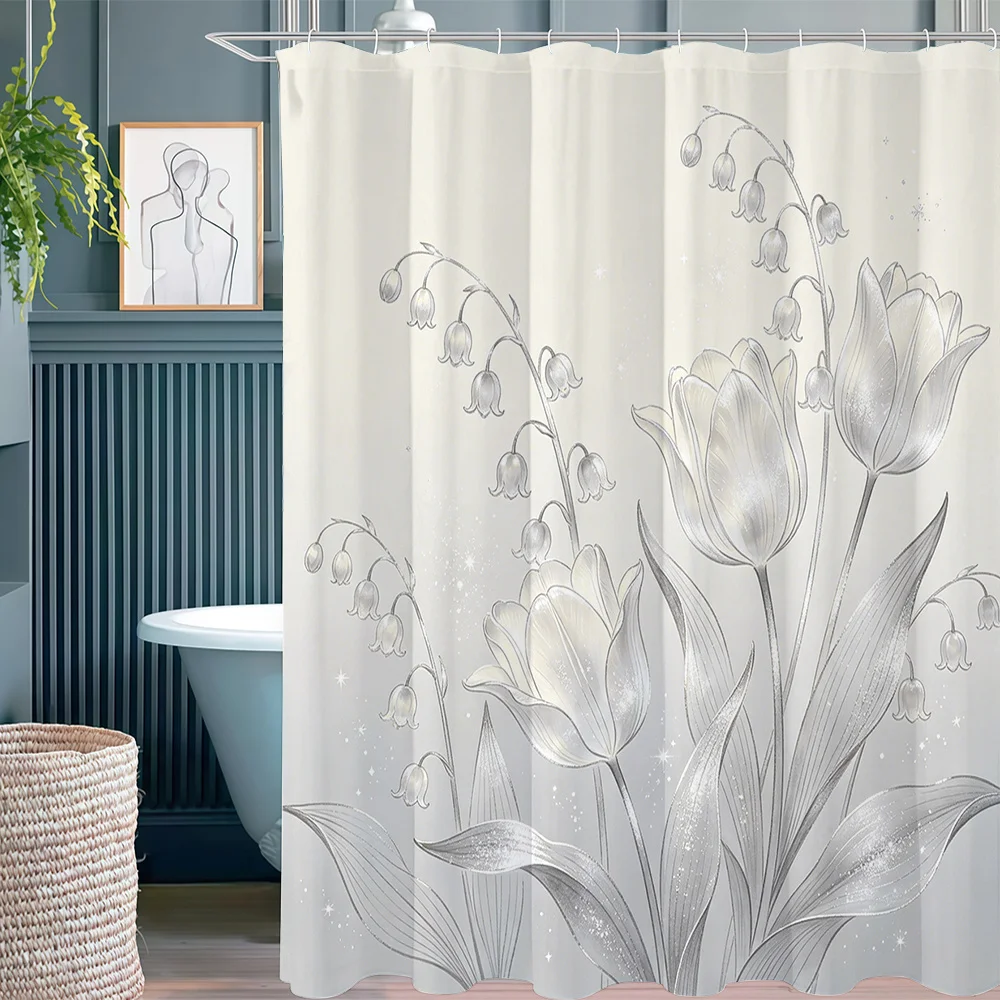 Elegant Botanical Floral Shower Curtain Polyester Waterproof Bathroom Decor Artistic Tulip Pattern Curtain Liner Home Accent