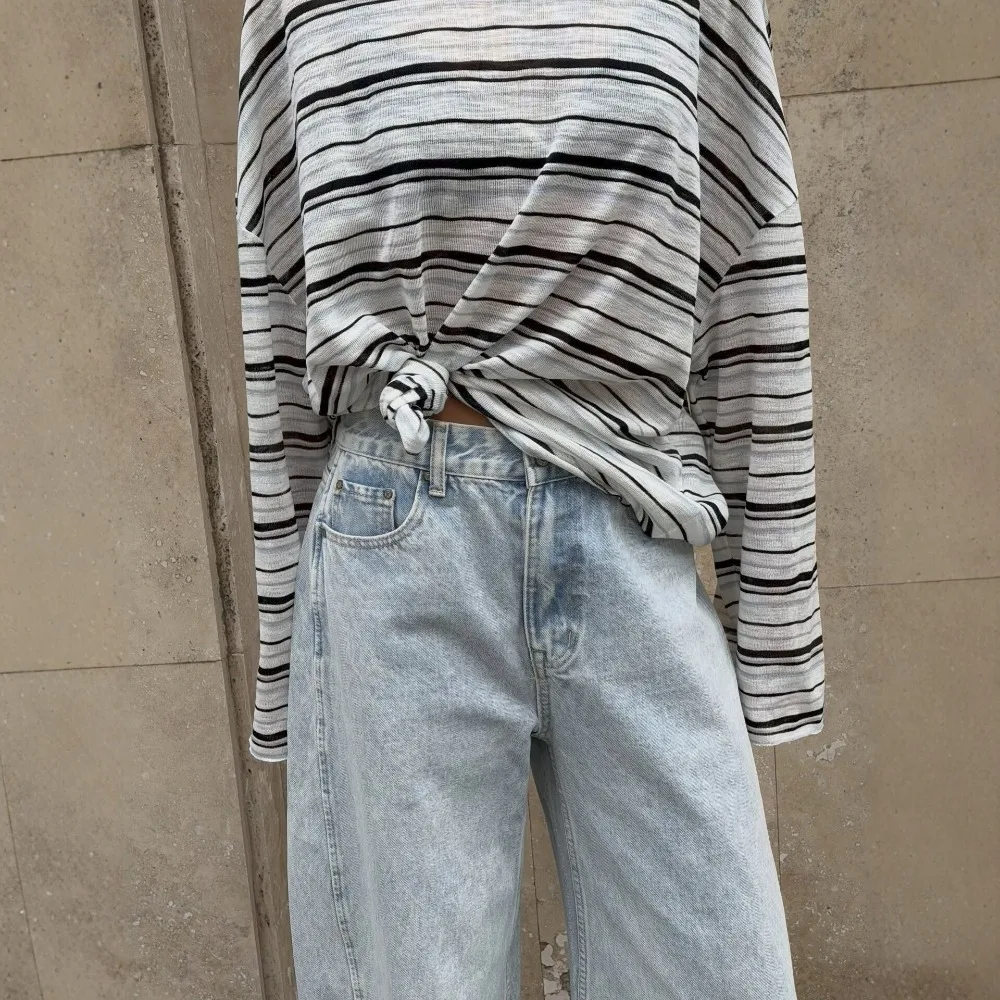 Spring and Summer Women's Loose Striped Long Sleeved T-shirt Trend Silk Blend Design Soft Cool Daily Casual Versatile O-neck Top