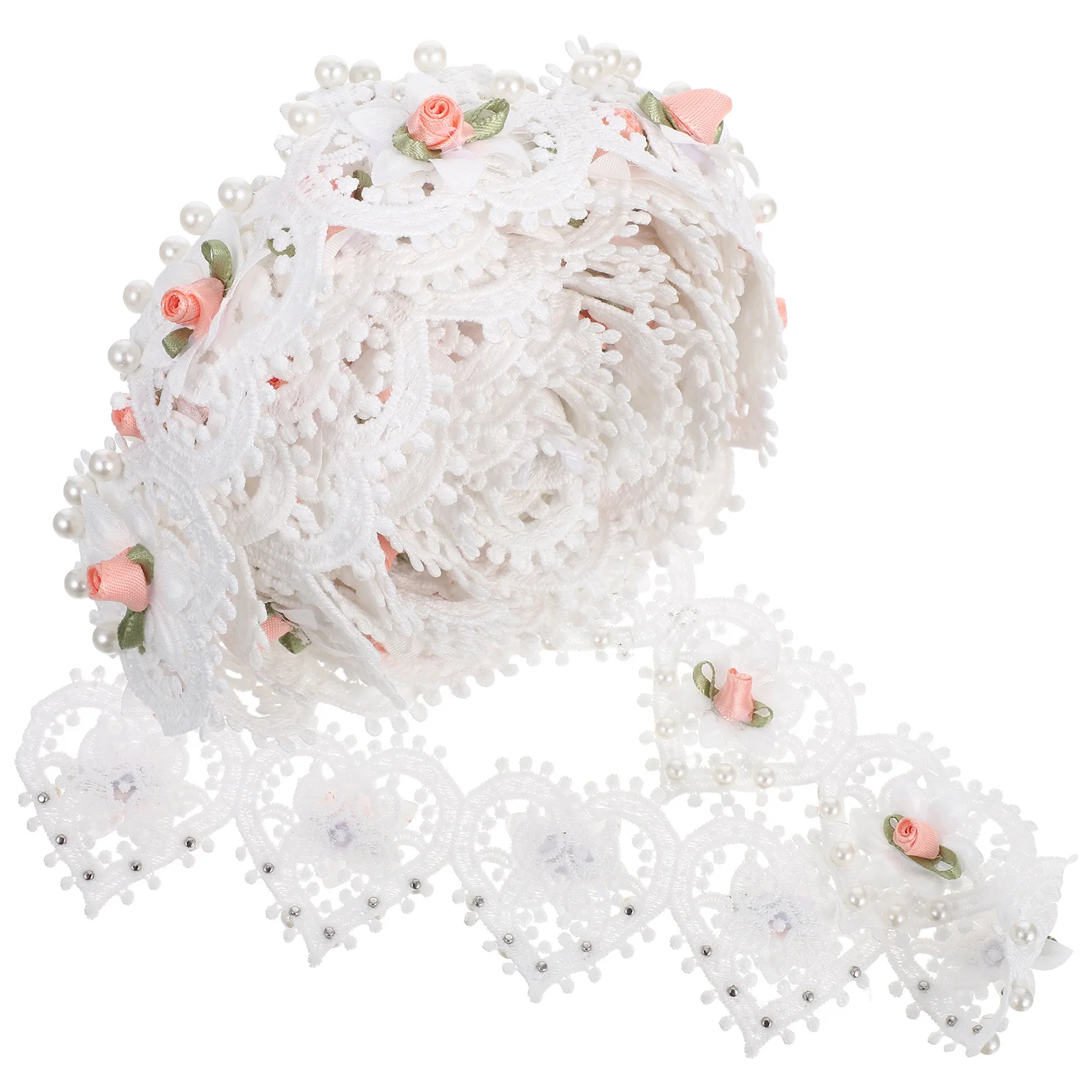 

Vintage White Imitation Pearl Flower Lace Trim Ribbon Embroidered Floral Appliques for Bridal Wedding Hats Accessories