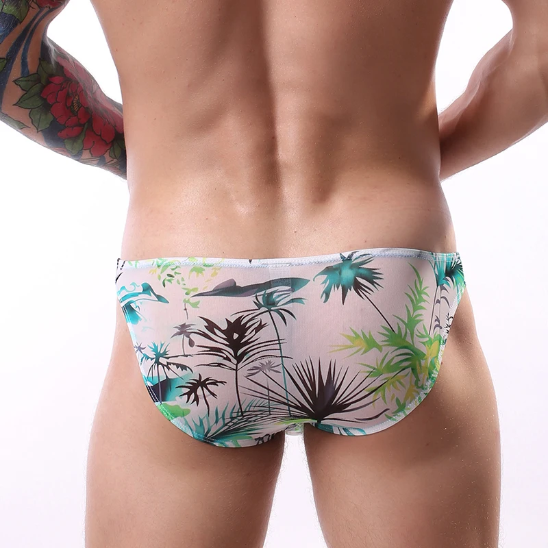 Mens Beach Coconut Tree Printed Underpants Mesh Breathable Underwear Low Waist Briefs Seamless Lingerie Thin Pouch Knickers