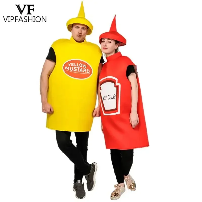 VIP FASHION Unisex Cosplay Costume Halloween Adult Couple Mustard Ketchup Jumpsuit with Cap Women Men Party Funny Food Outfit