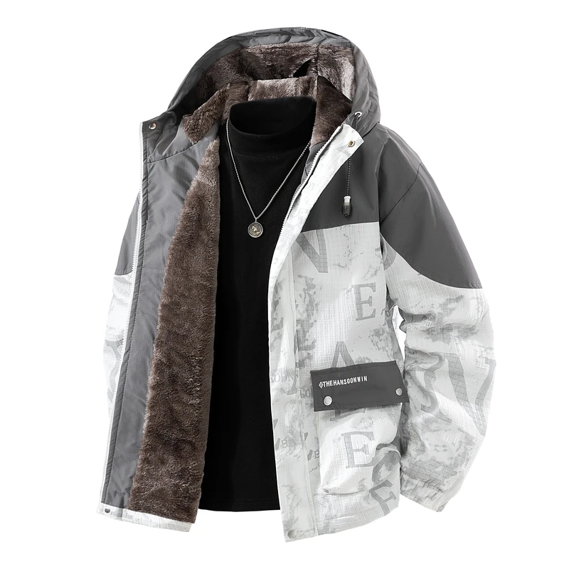 

Large Windproof Workwear with Fleece Jacket for Men Winter Wear Warm Hooded Fashion Jacket, Color Blocked Outdoor Waterproof Top