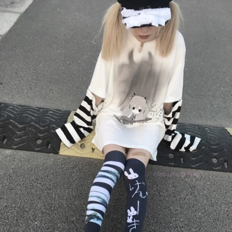 Y2k Striped Removable Zipper Long Sleeve Harajuku Oversize Women White Tees Japan Style Tshirts Anime Punk O Neck Camisetas