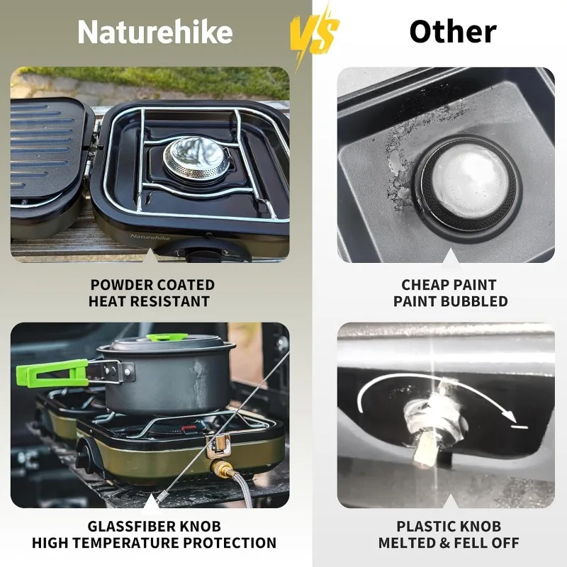 Naturehike 2 Burner Folding Camping Stove with Griddle, Portable Camp Isobutane Gas Stove with 16000 BTU Adjustable Burners