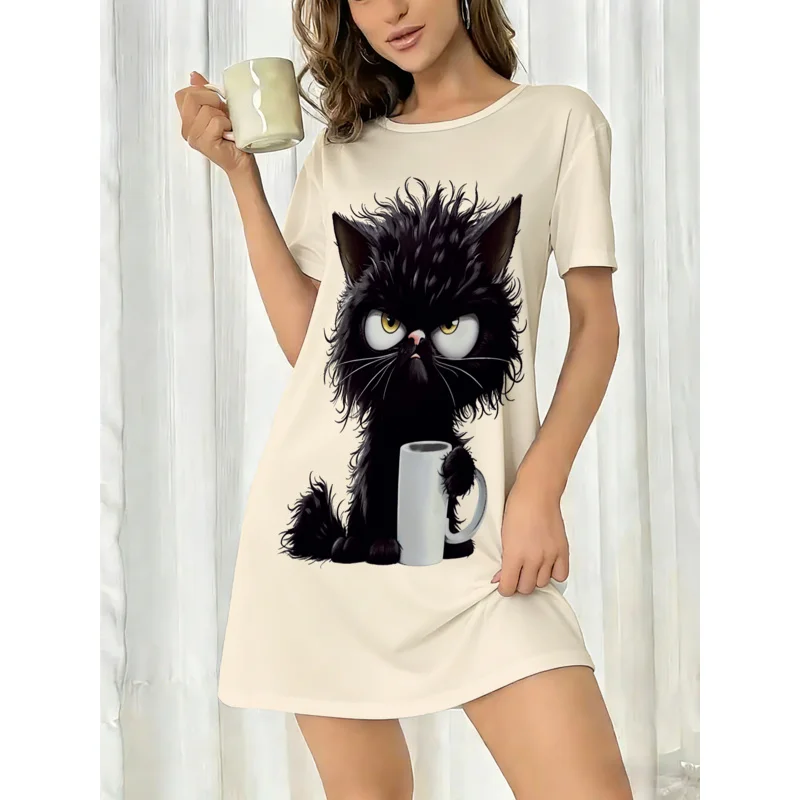 Women's Spring Summer White Sleep Dress Round Neck Short Sleeve Moody Fluffy Black Cat Coffee Mug Print