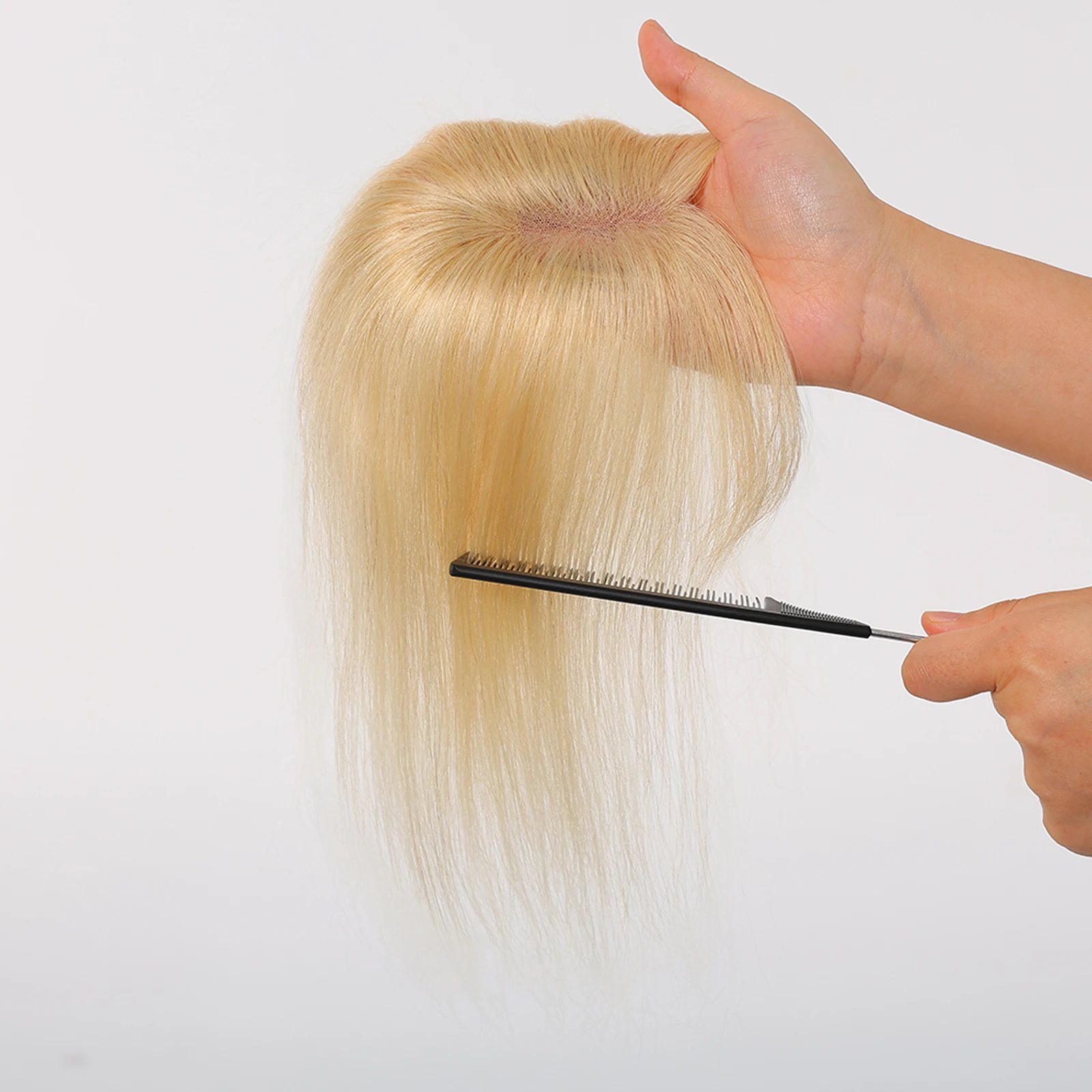 Topper Rambut Manusia Remy 100% Pirang Muda 10 inci, Basis Lace 3x3,5 inci, Rambut Asli untuk Wanita dengan Rambut Tipis Bagian Tengah