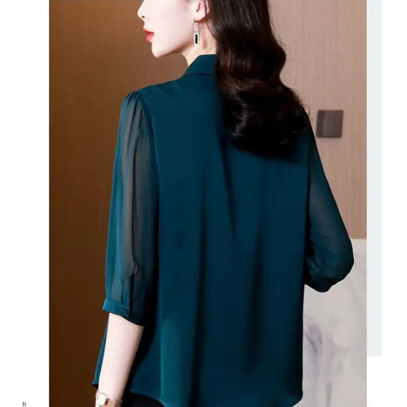 Women Vintage Elegant Chiffon Blouse Spring Summer Gauze 3/4 Sleeve V-Neck Fashion Loose Solid Button Female Casual Shirt 2022