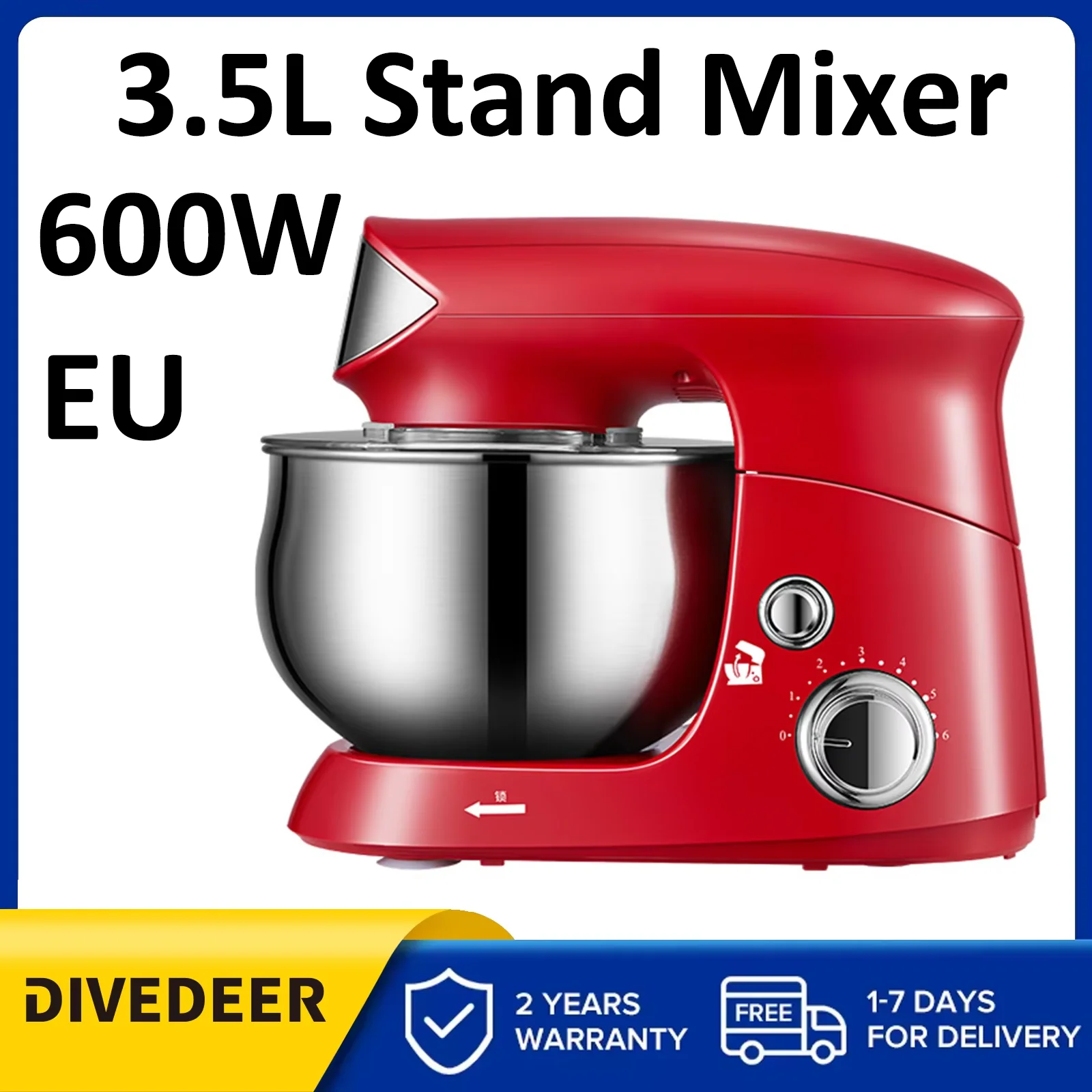 DIVEDEER Küchenmixer 3,5 l Edelstahlschüssel, Sahne-Ei-Mischung, Kuchenteig-Knetmaschine, 600 W, vertikaler Mixer, EU 220 V