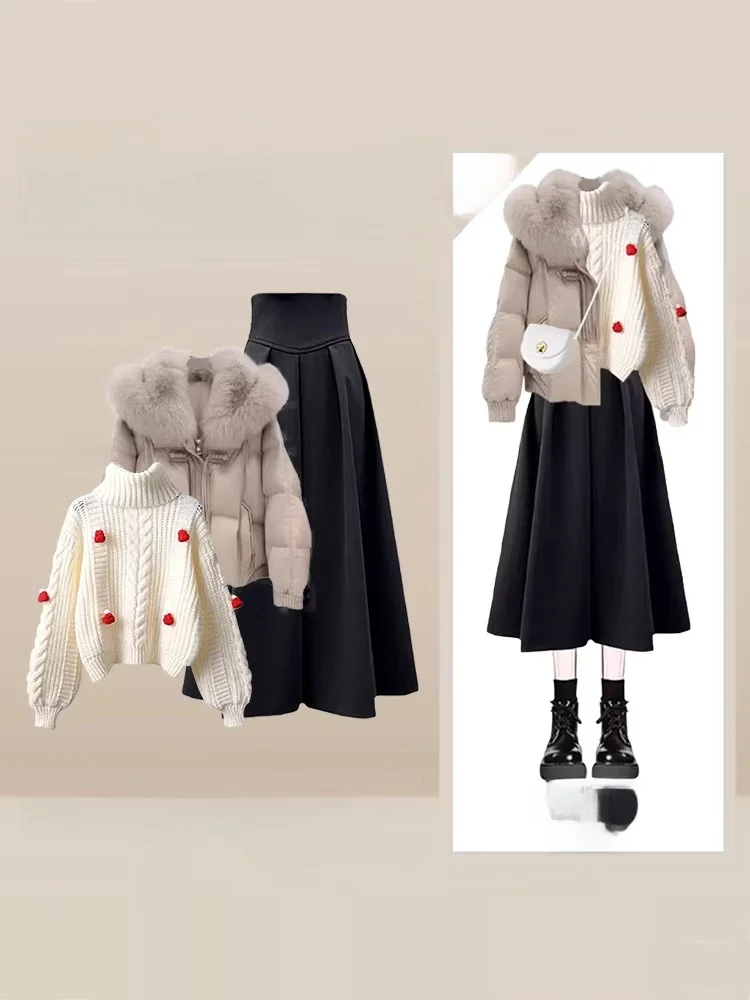 Jaet de algodón cálido con cuello de piel, falda hasta f y suéter, conjunto de camiseta, conjunto de Faion para mujer, invierno
