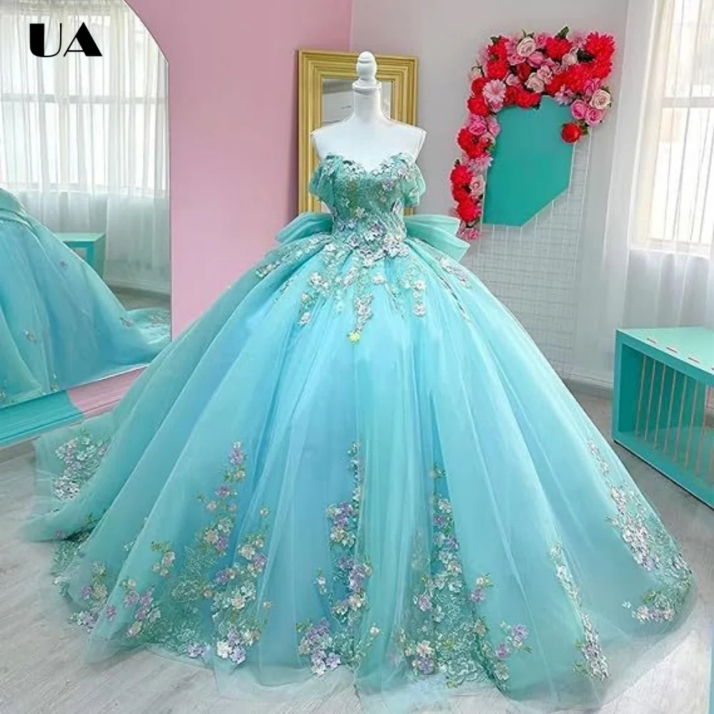 

ULBYANRY Customized A-line Off-the-shoulder 3D Flower Sweet 15 Dress, Sparkly Applique Quinceanera Dress, Elegant Bow Prom Dress