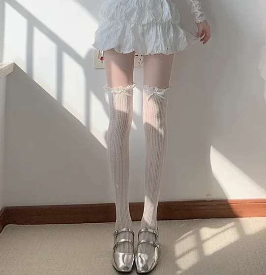 2025 الحلو Bowknot Sockings الدانتيل شبكة جوارب طويلة إلى الركب لطيف كشكش موضة مطابقة العجل الجوارب لوليتا الجوارب الطويلة للنساء الفتيات #5