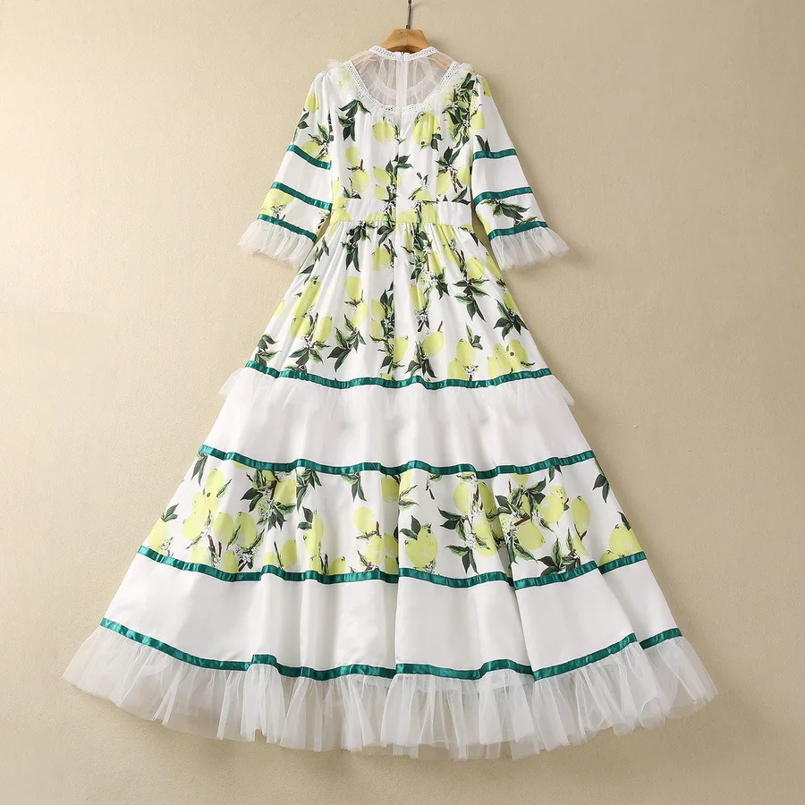 European and American women's clothes 2024 spring new Floral decoration seven-quarter sleeves Lemon print pleated dress XXL