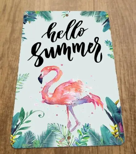 Hello Summer Pink Flamingo 8x12 Metal Wall Animal Sign